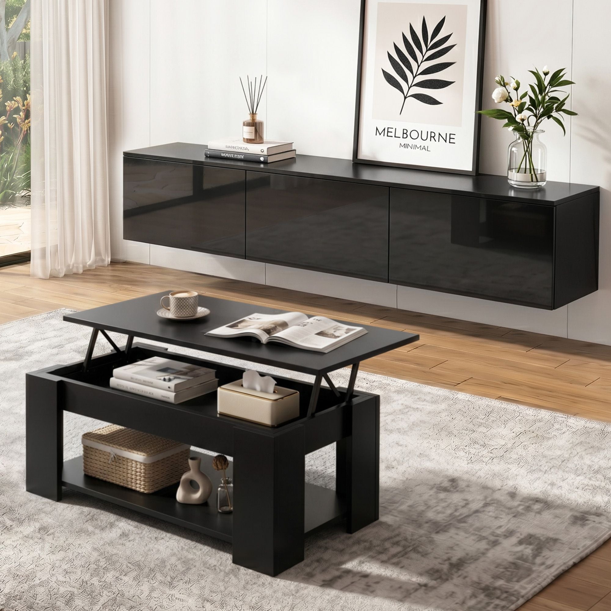TV Unit & Coffee Table Set Storage Cabinet Black