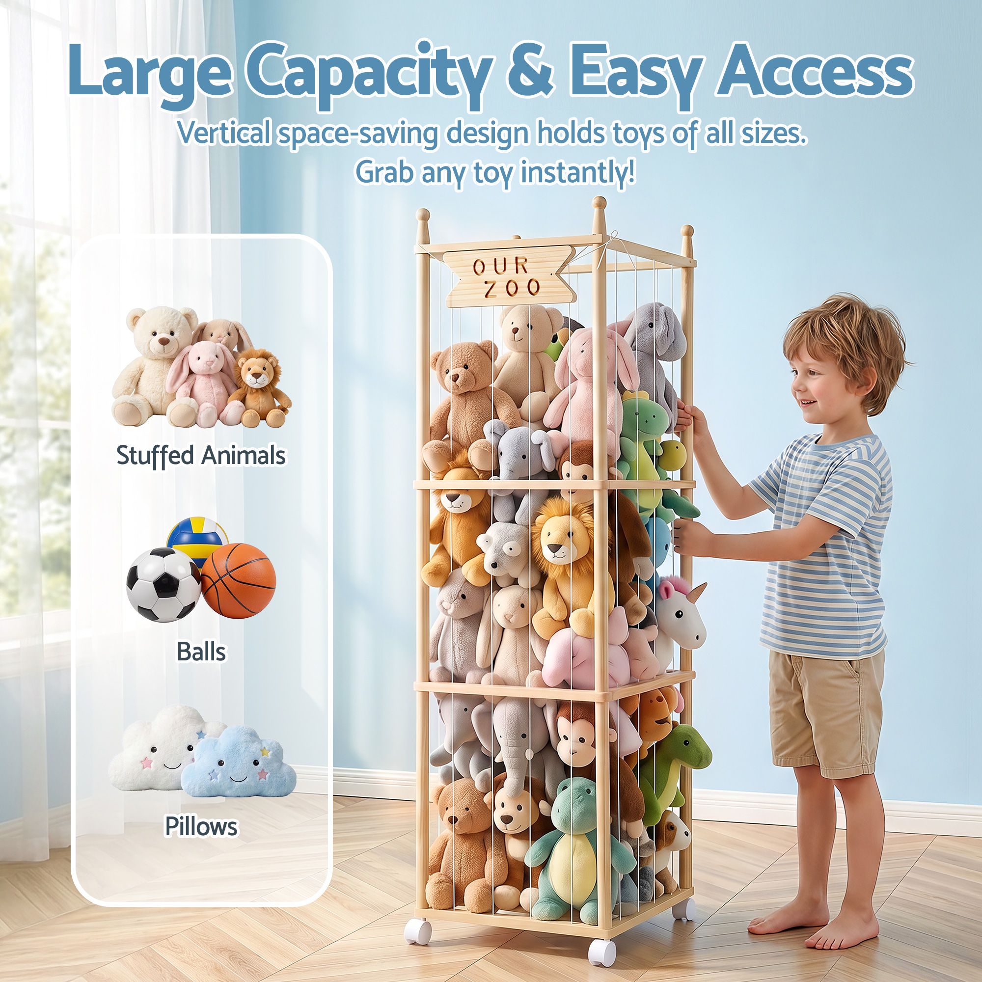 Stuffed Animal Storage Wooden Toy Holder with Wheels Soft Toy Storage Zoo Cage Stuffy Toy Storage Organizers with Elastic Cords for Playroom Bedroom Nursery