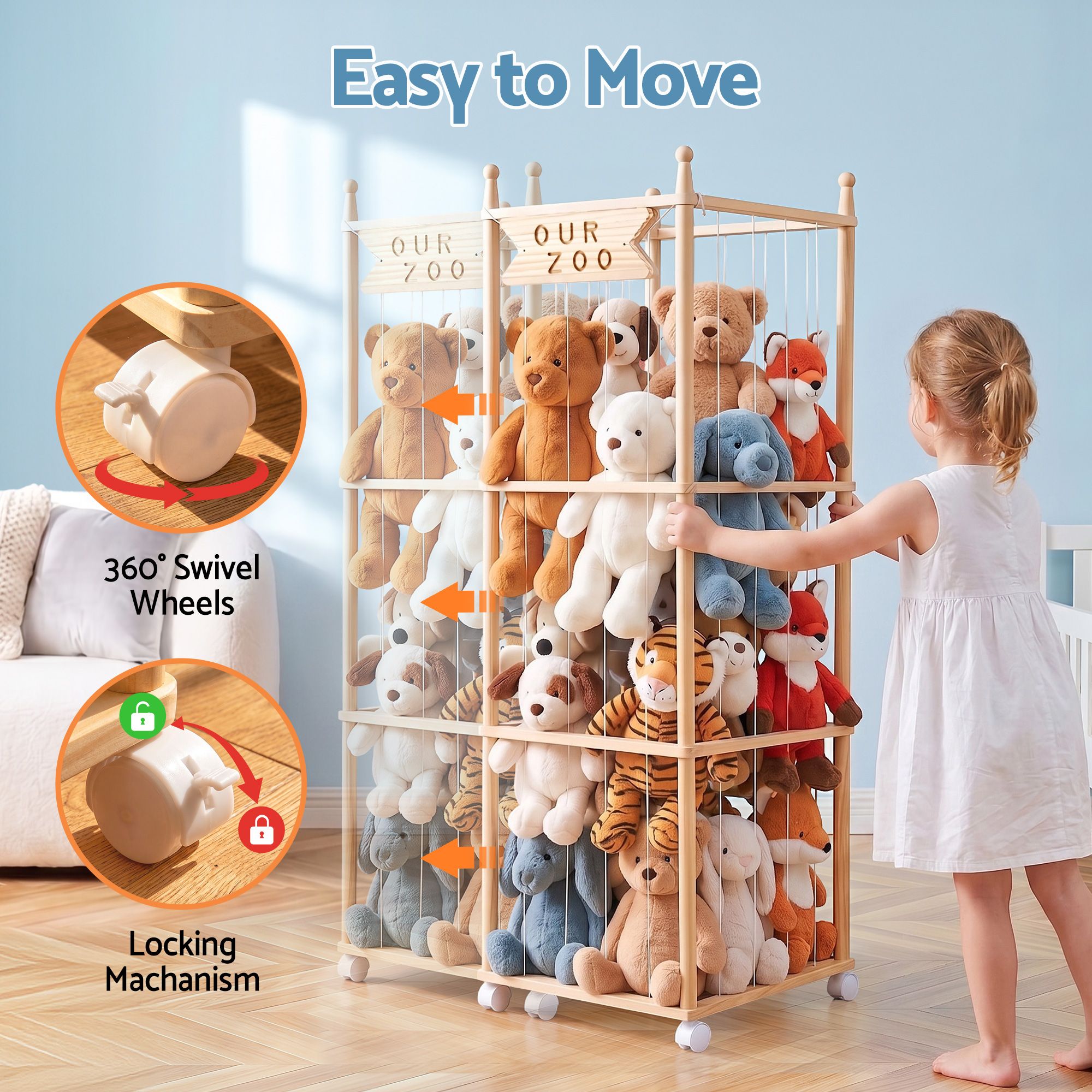 Stuffed Animal Storage Wooden Toy Holder with Wheels Soft Toy Storage Zoo Cage Stuffy Toy Storage Organizers with Elastic Cords for Playroom Bedroom Nursery