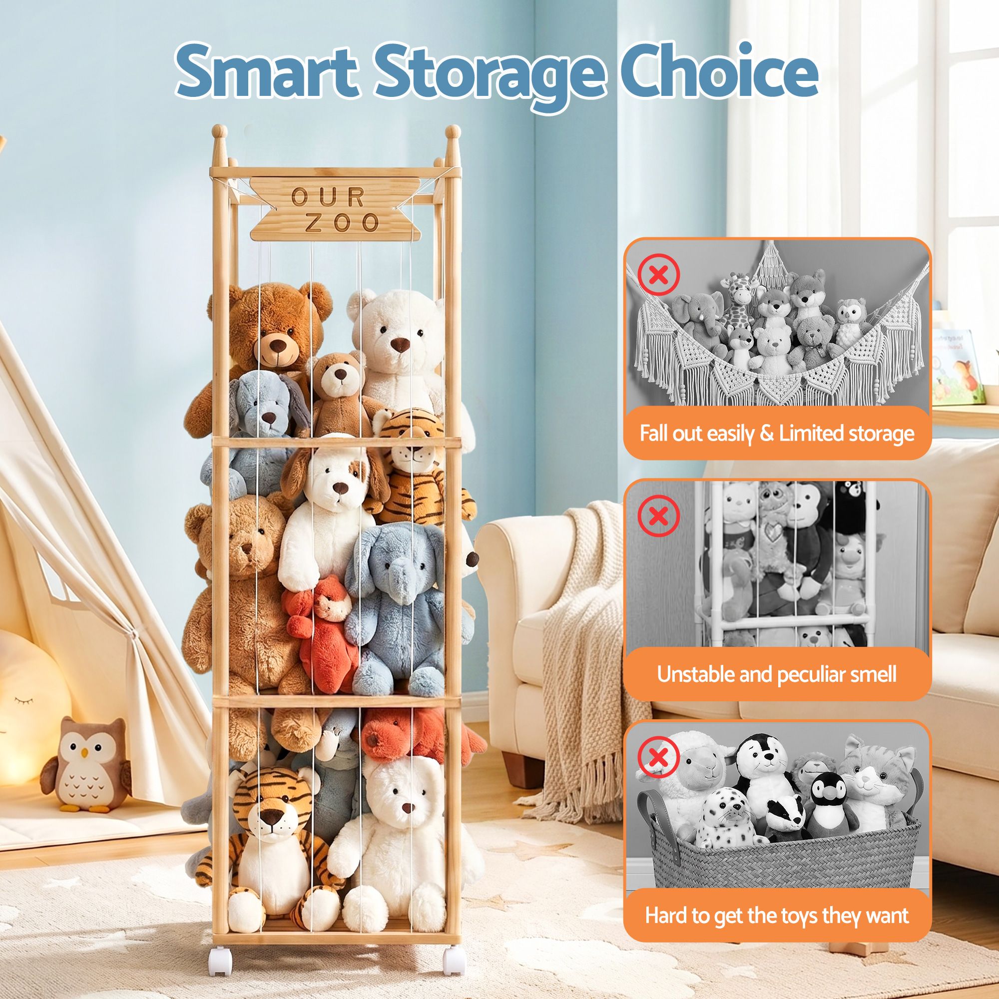 Stuffed Animal Storage Wooden Toy Holder with Wheels Soft Toy Storage Zoo Cage Stuffy Toy Storage Organizers with Elastic Cords for Playroom Bedroom Nursery