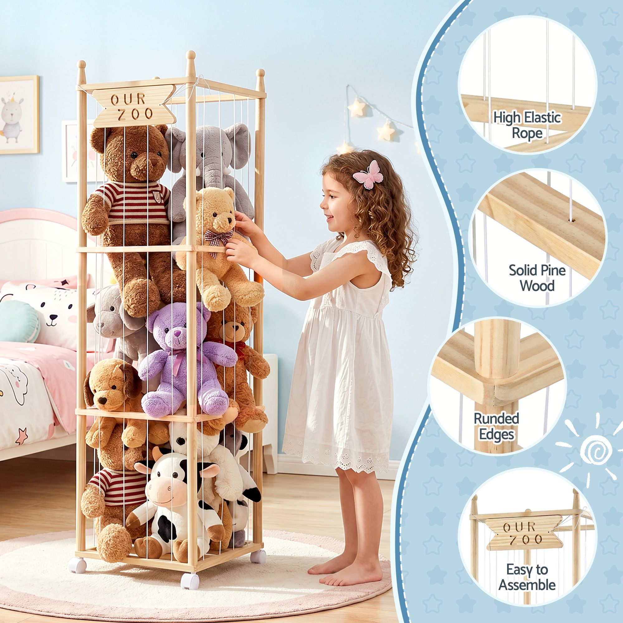 Stuffed Animal Storage Wooden Toy Holder with Wheels Soft Toy Storage Zoo Cage Stuffy Toy Storage Organizers with Elastic Cords for Playroom Bedroom Nursery