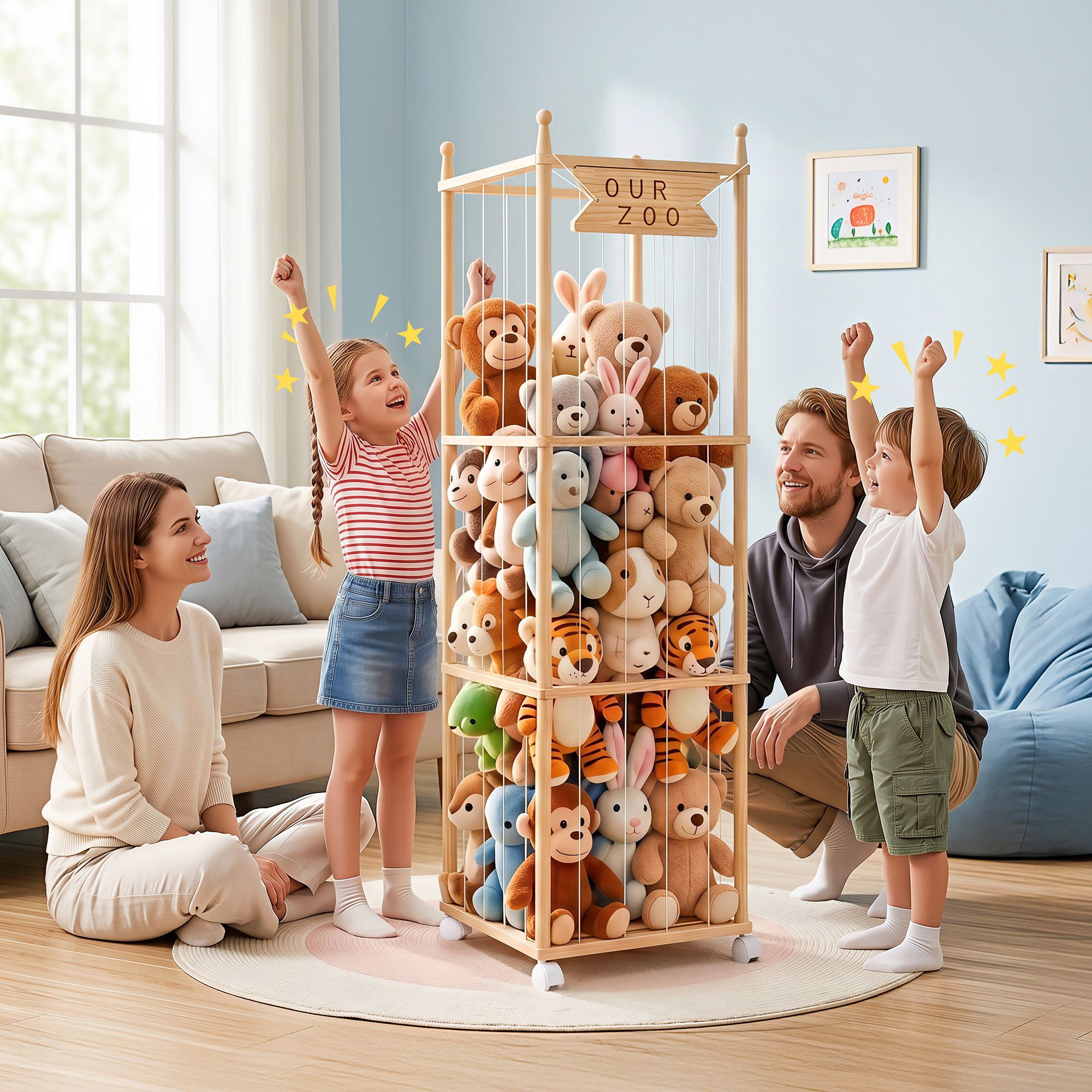 Stuffed Animal Storage Wooden Toy Holder with Wheels Soft Toy Storage Zoo Cage Stuffy Toy Storage Organizers with Elastic Cords for Playroom Bedroom Nursery