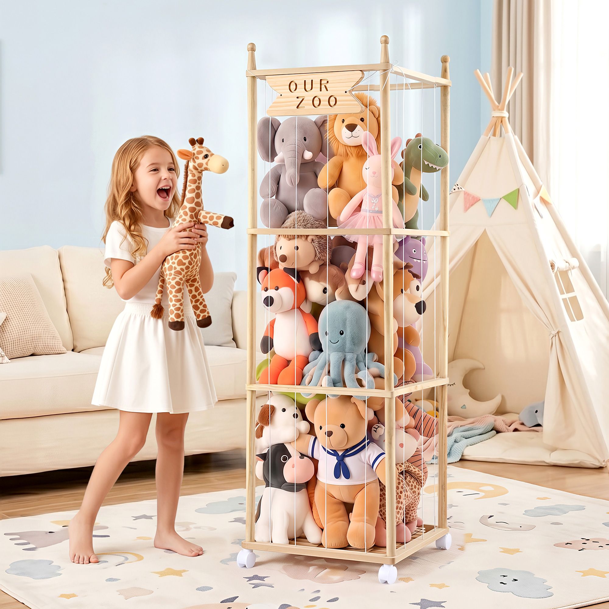 Stuffed Animal Storage Wooden Toy Holder with Wheels Soft Toy Storage Zoo Cage Stuffy Toy Storage Organizers with Elastic Cords for Playroom Bedroom Nursery