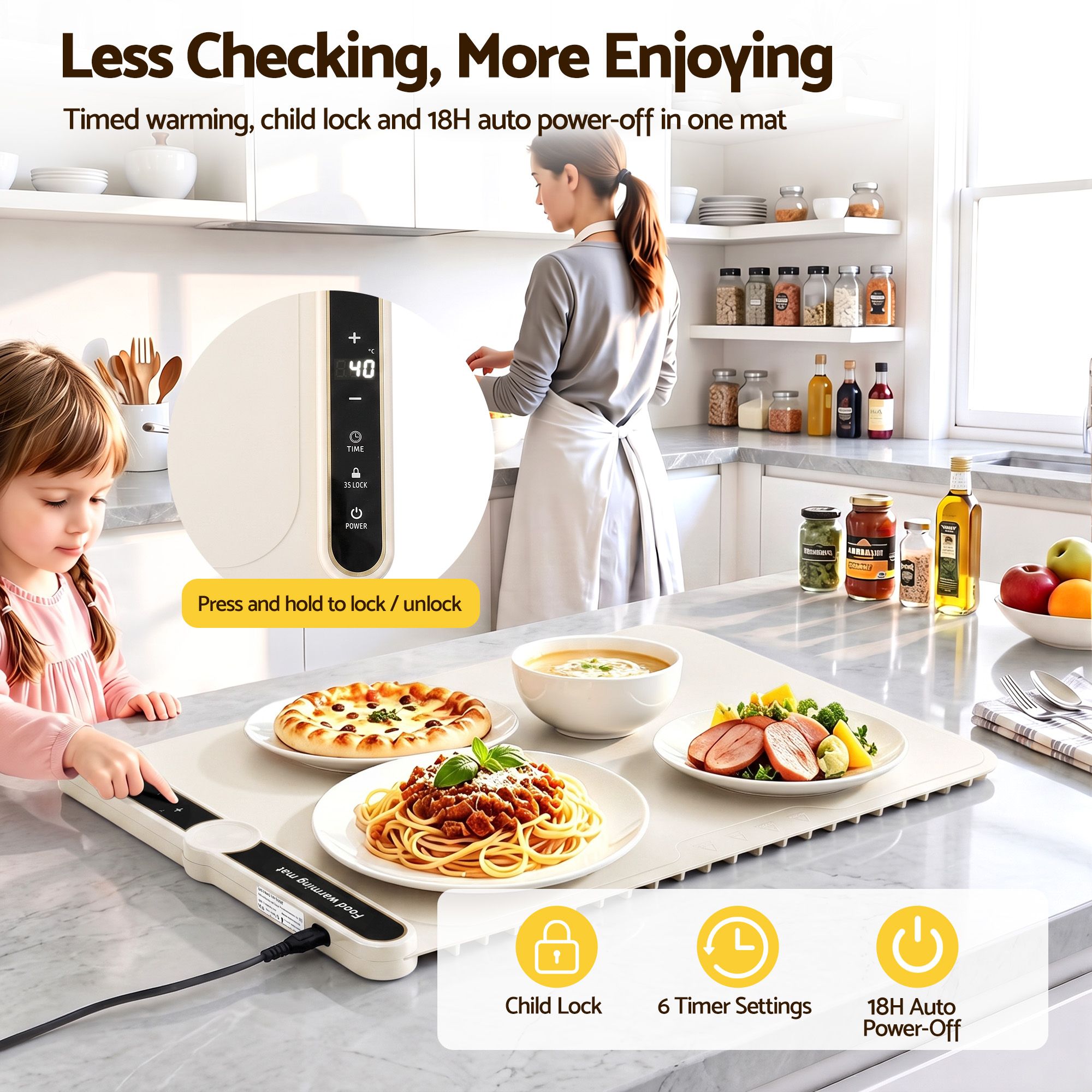 Food Warming Mat 60 x 38cm Electric Food Warmer With Timer White