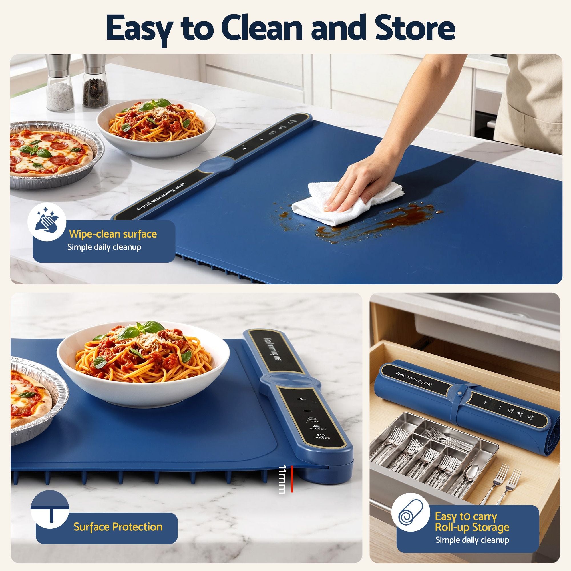 Food Warming Mat 80cm Electric Food Warmer Roll Up Buffet Tray Blue