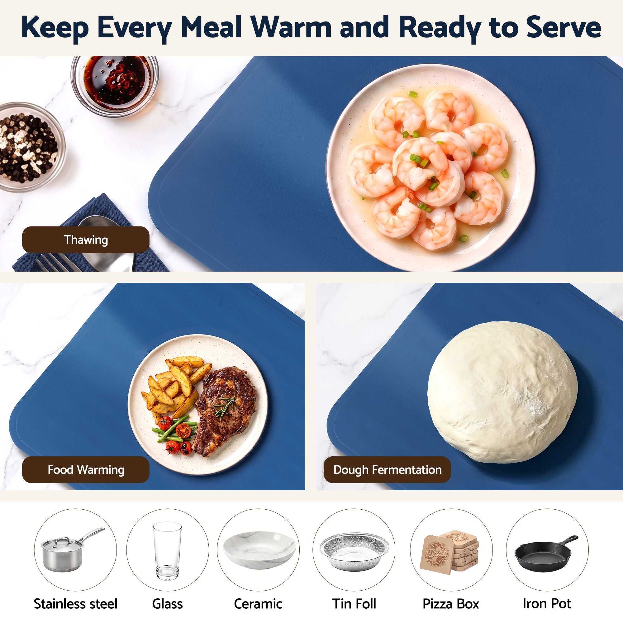 Food Warming Mat 80cm Electric Food Warmer Roll Up Buffet Tray Blue