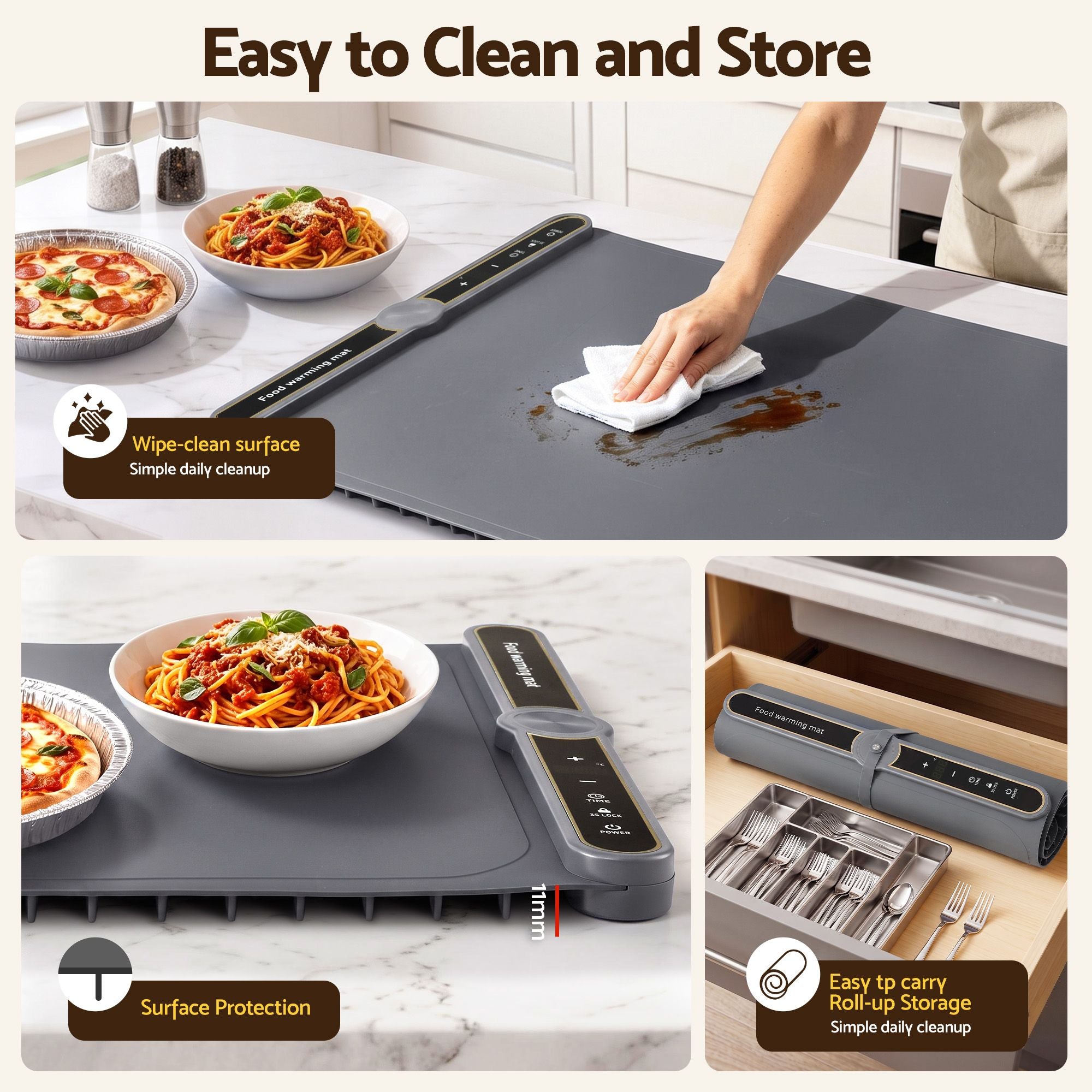 Food Warming Mat 80cm Electric Food Warmer Roll Up Buffet Tray Grey