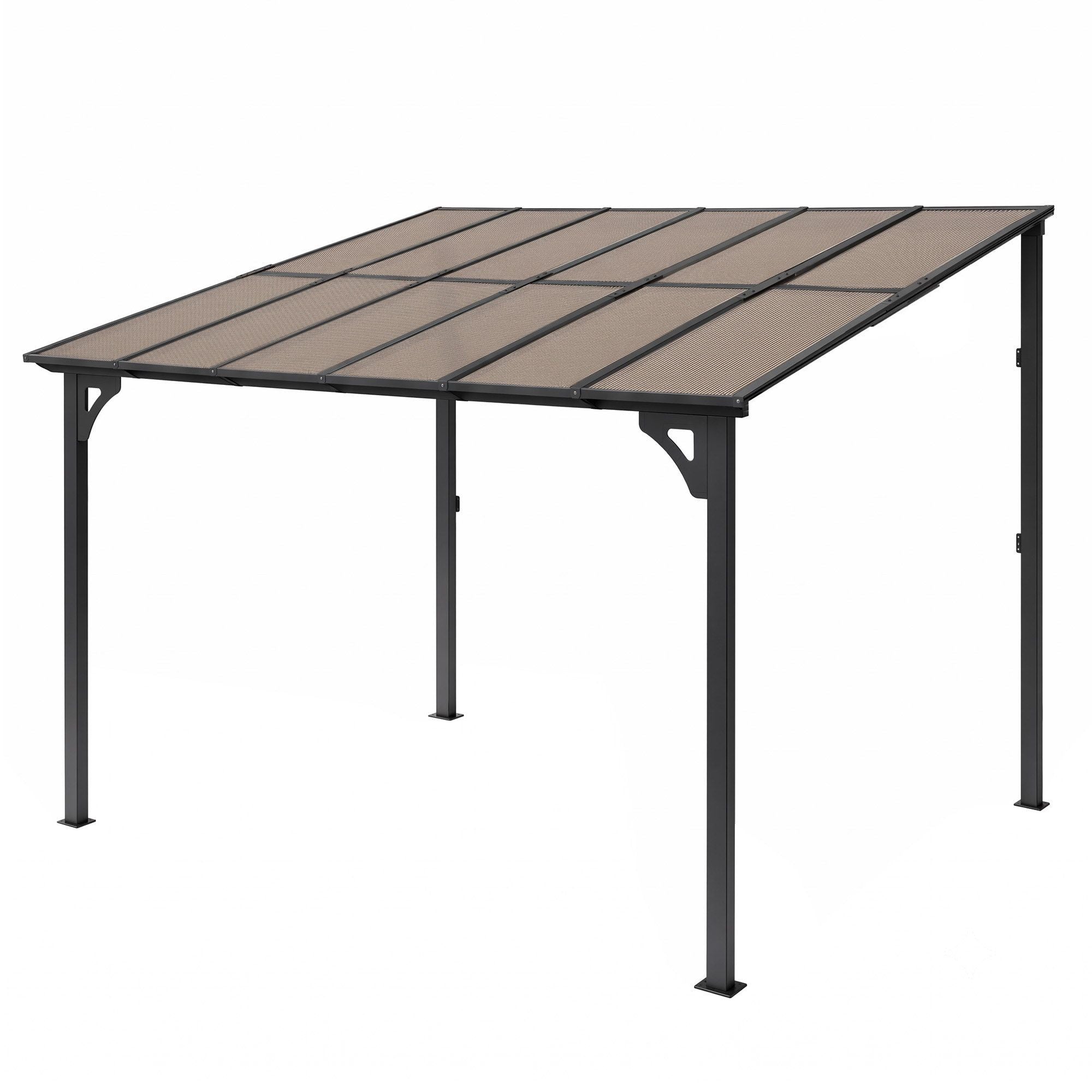 Gazebo Lean-To Pergola Garden Patio Polycarbonate 356cm X 275cm Brown