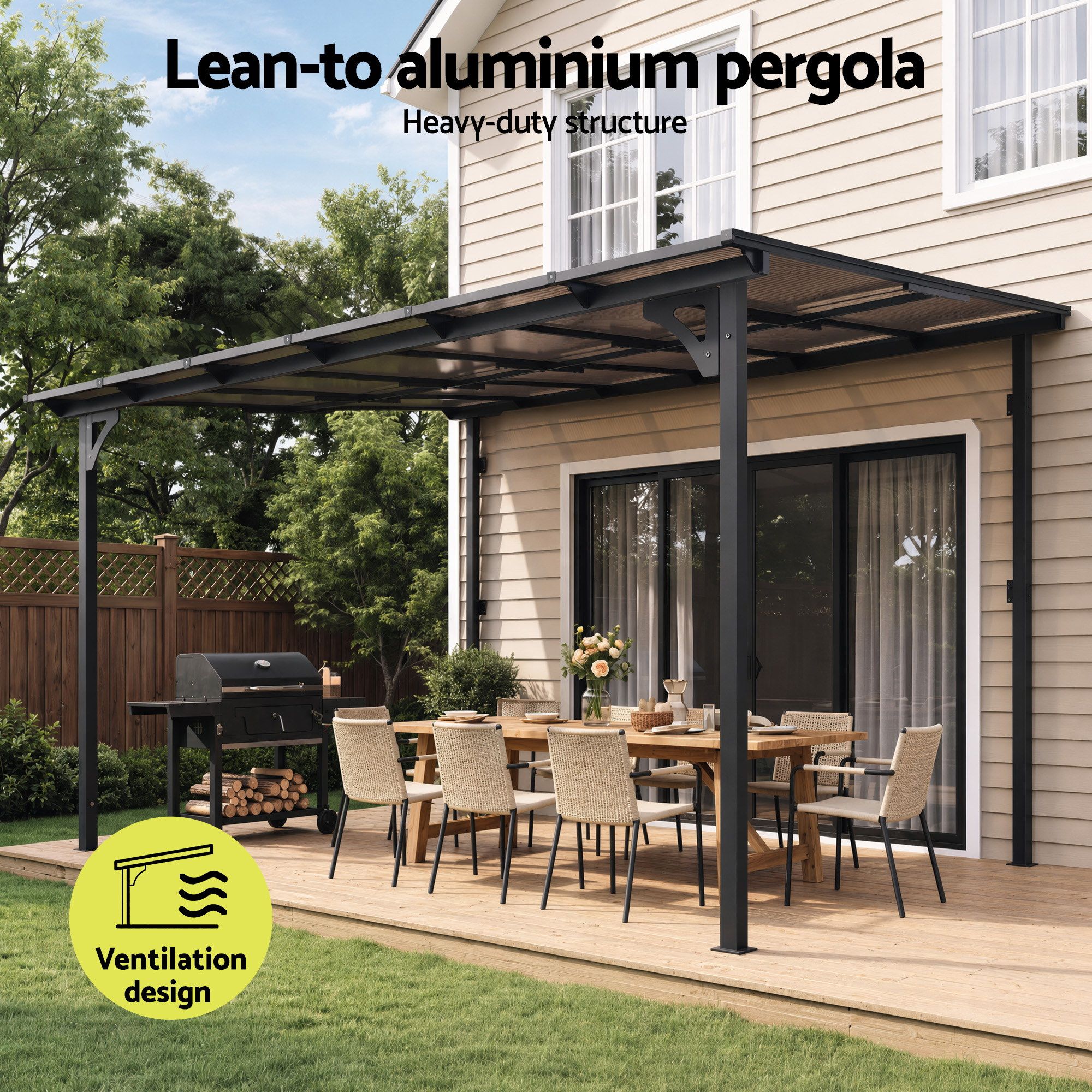 Gazebo Lean-To Pergola Garden Patio Polycarbonate 356cm X 275cm Brown