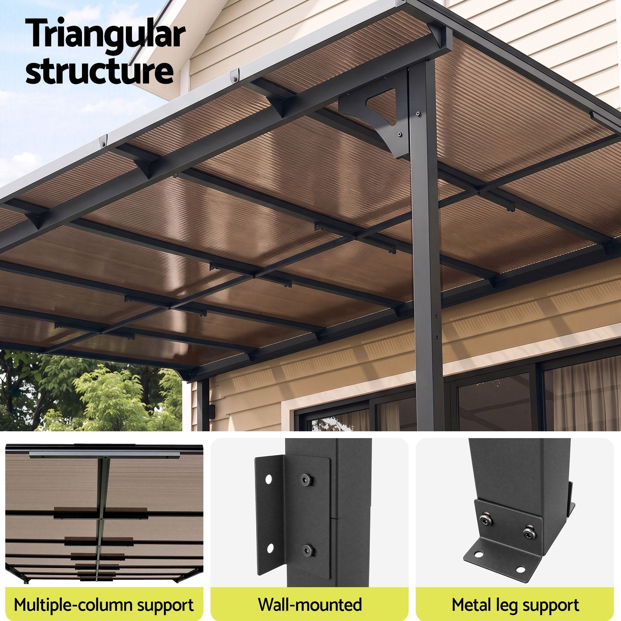 Gazebo Lean-To Pergola Garden Patio Polycarbonate 356cm X 275cm Brown
