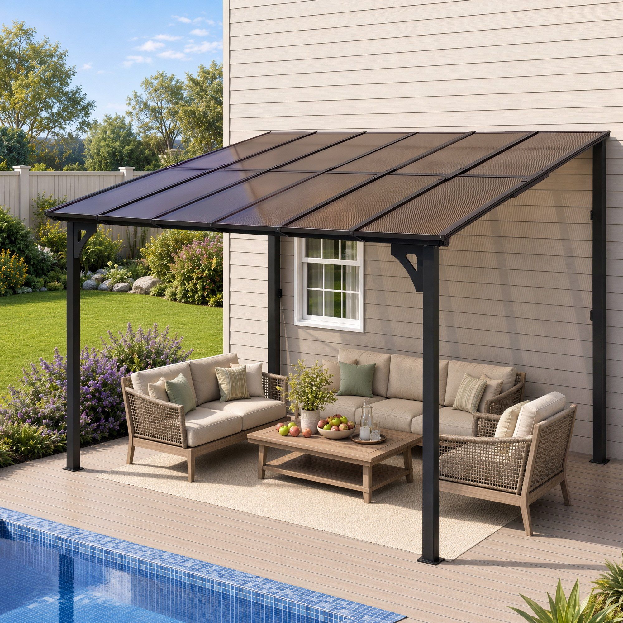 Gazebo Lean-To Pergola Garden Patio Polycarbonate 356cm X 275cm Brown