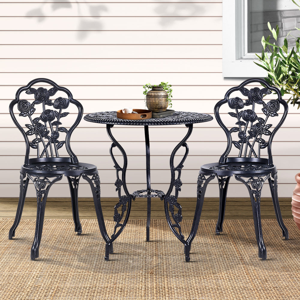3PC Outdoor Bistro Set with Cast Aluminum Chairs and Table - Black Rose