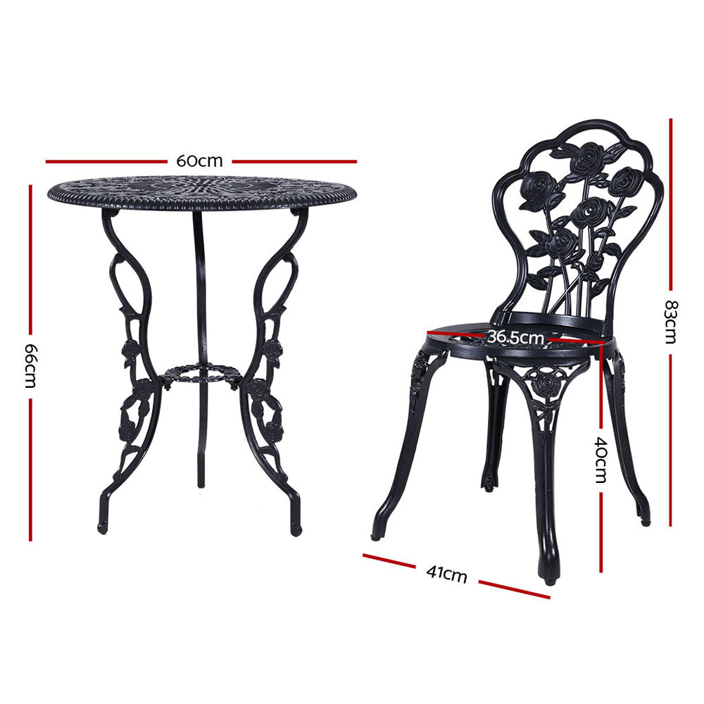 3PC Outdoor Bistro Set with Cast Aluminum Chairs and Table - Black Rose