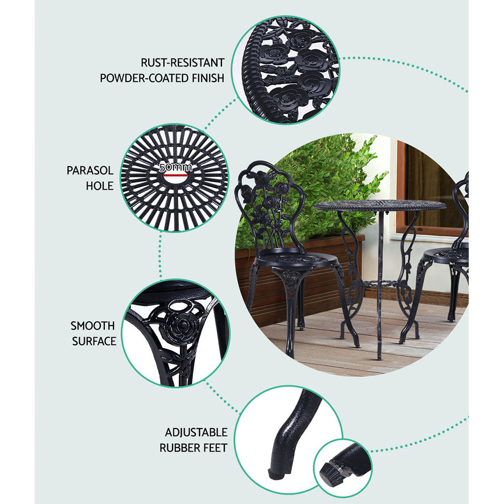 3PC Outdoor Bistro Set with Cast Aluminum Chairs and Table - Black Rose