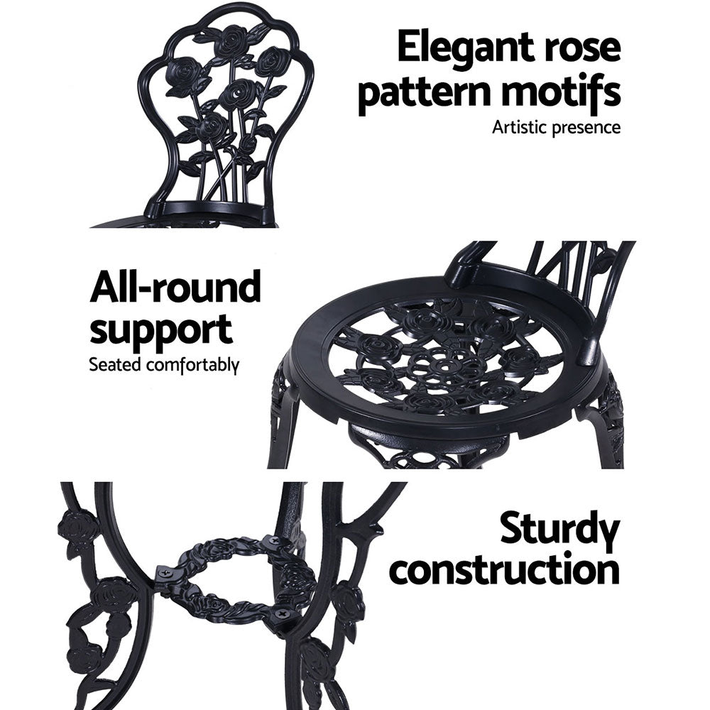 3PC Outdoor Bistro Set with Cast Aluminum Chairs and Table - Black Rose