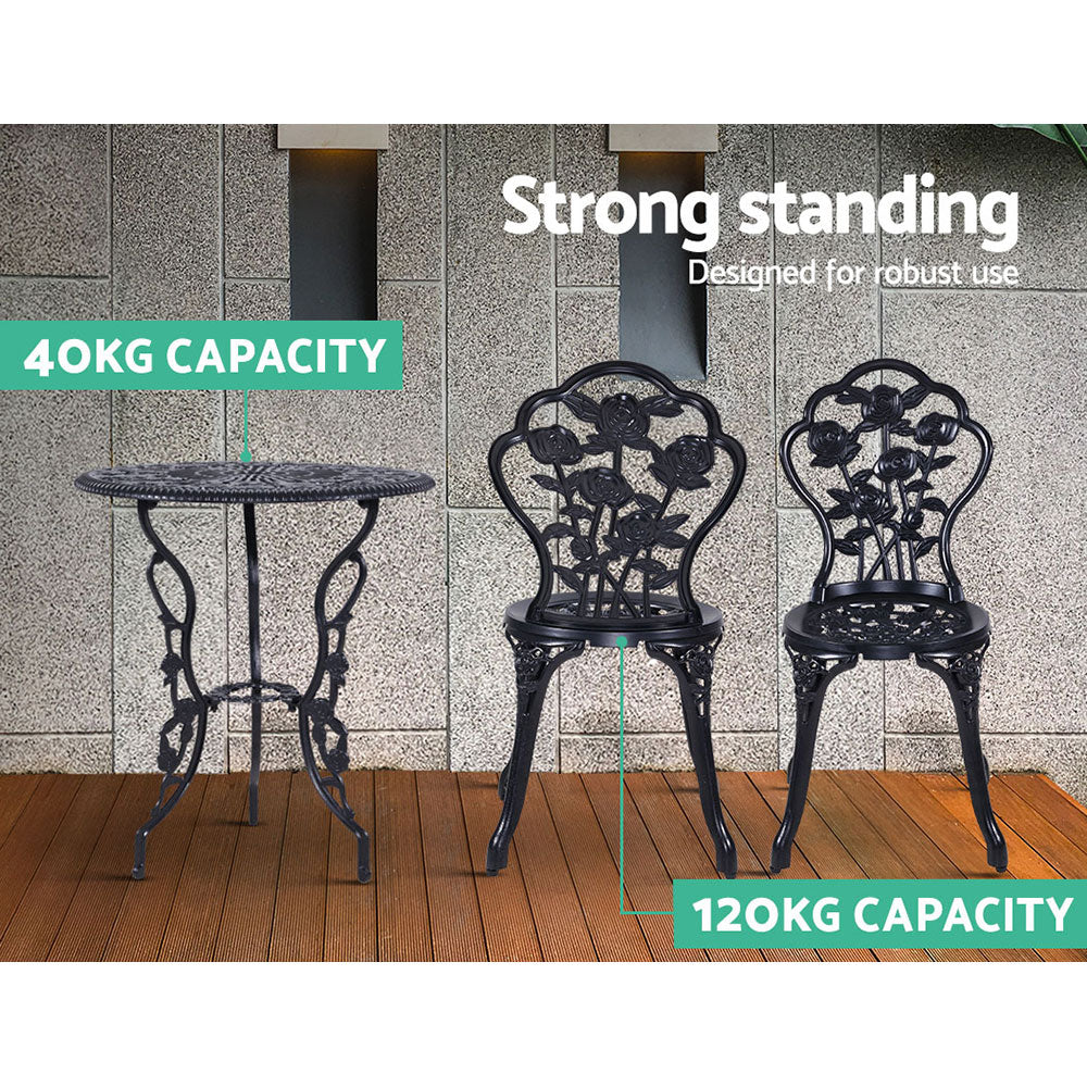 3PC Outdoor Bistro Set with Cast Aluminum Chairs and Table - Black Rose