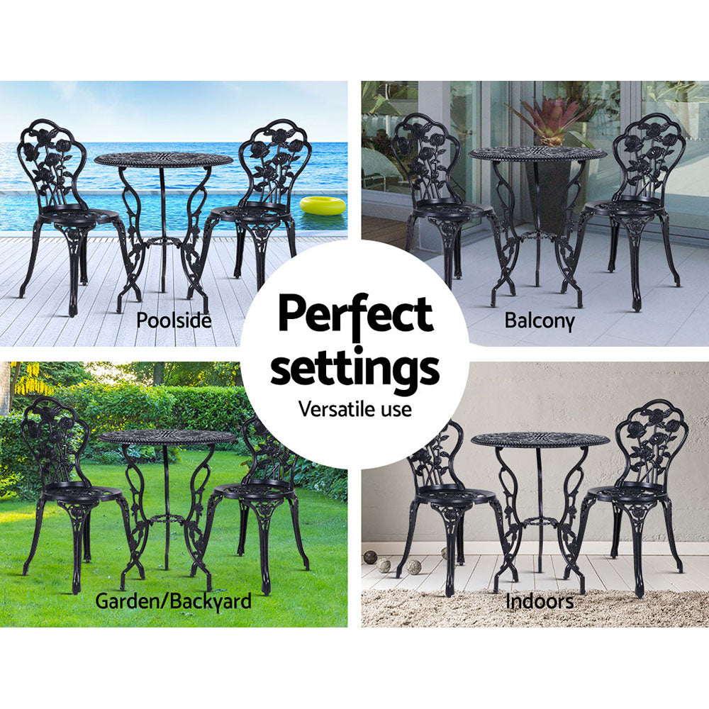 3PC Outdoor Bistro Set with Cast Aluminum Chairs and Table - Black Rose