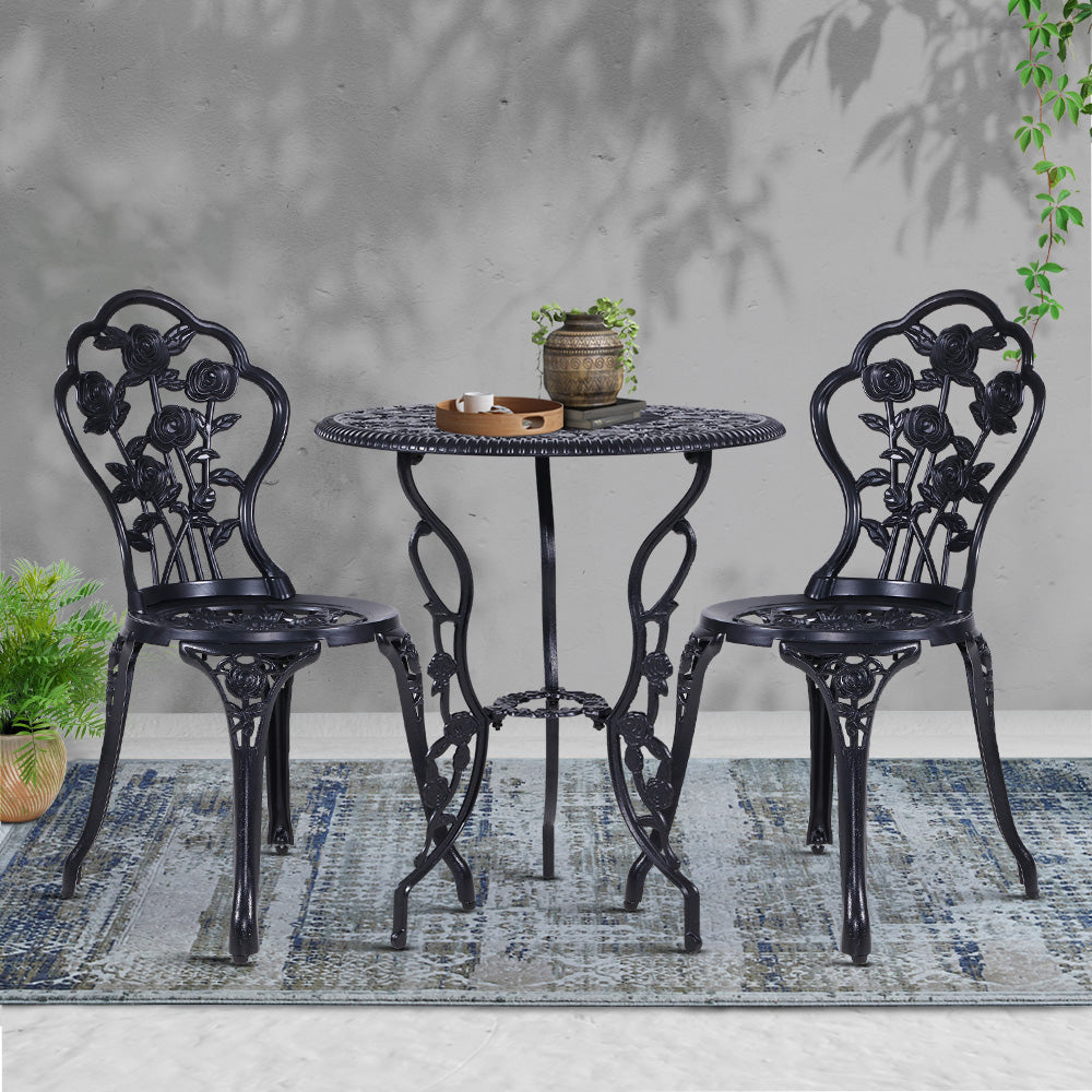 3PC Outdoor Bistro Set with Cast Aluminum Chairs and Table - Black Rose