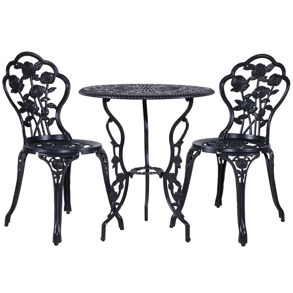 3PC Outdoor Bistro Set with Cast Aluminum Chairs and Table - Black Rose