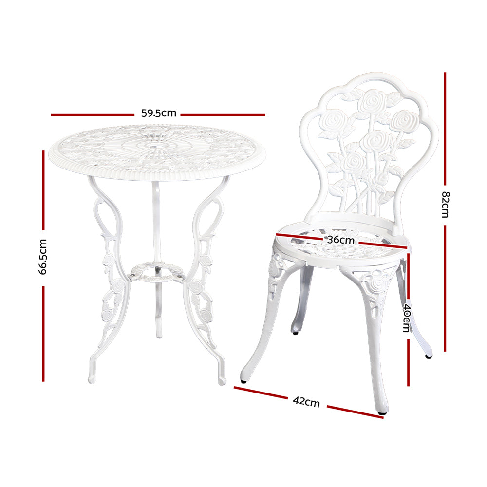 3PC Outdoor Bistro Set with Table & Chairs Cast Aluminum Patio Furniture - White Rose