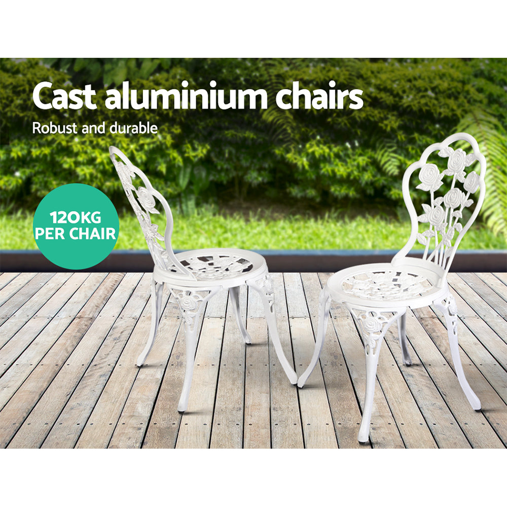 3PC Outdoor Bistro Set with Table & Chairs Cast Aluminum Patio Furniture - White Rose