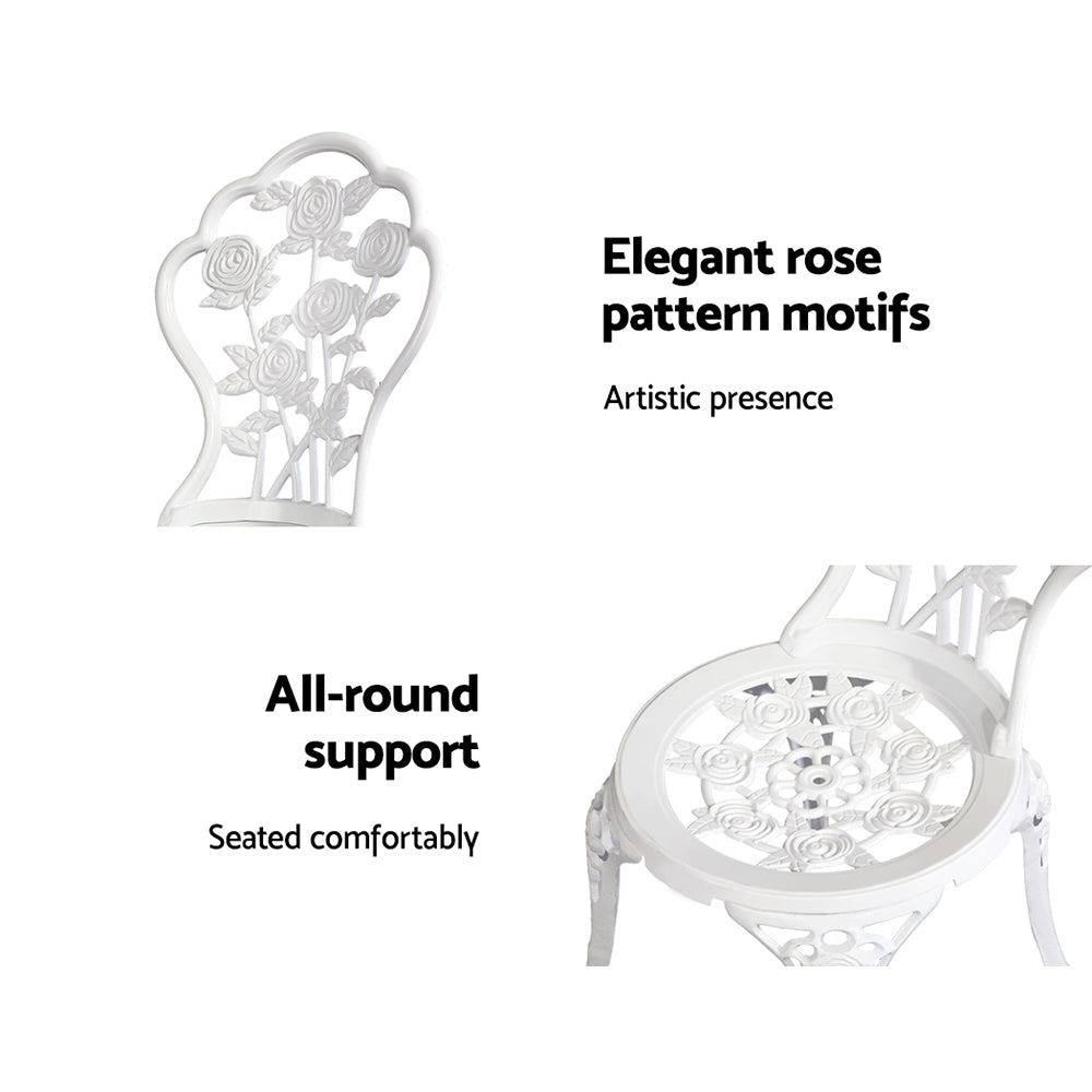 3PC Outdoor Bistro Set with Table & Chairs Cast Aluminum Patio Furniture - White Rose