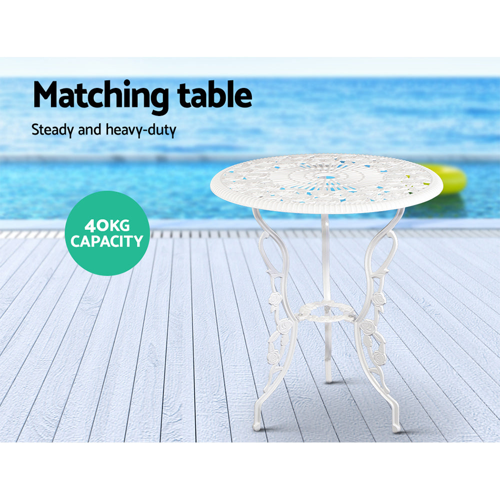 3PC Outdoor Bistro Set with Table & Chairs Cast Aluminum Patio Furniture - White Rose