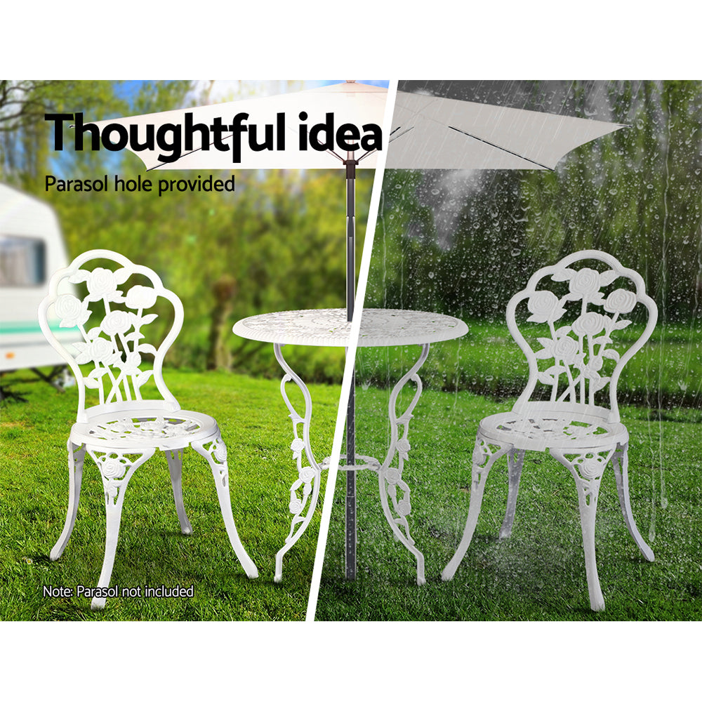 3PC Outdoor Bistro Set with Table & Chairs Cast Aluminum Patio Furniture - White Rose