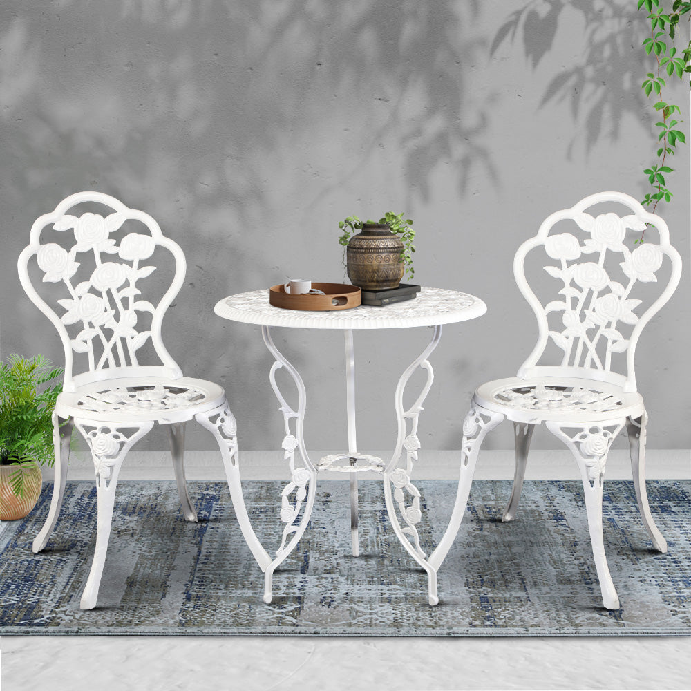 3PC Outdoor Bistro Set with Table & Chairs Cast Aluminum Patio Furniture - White Rose