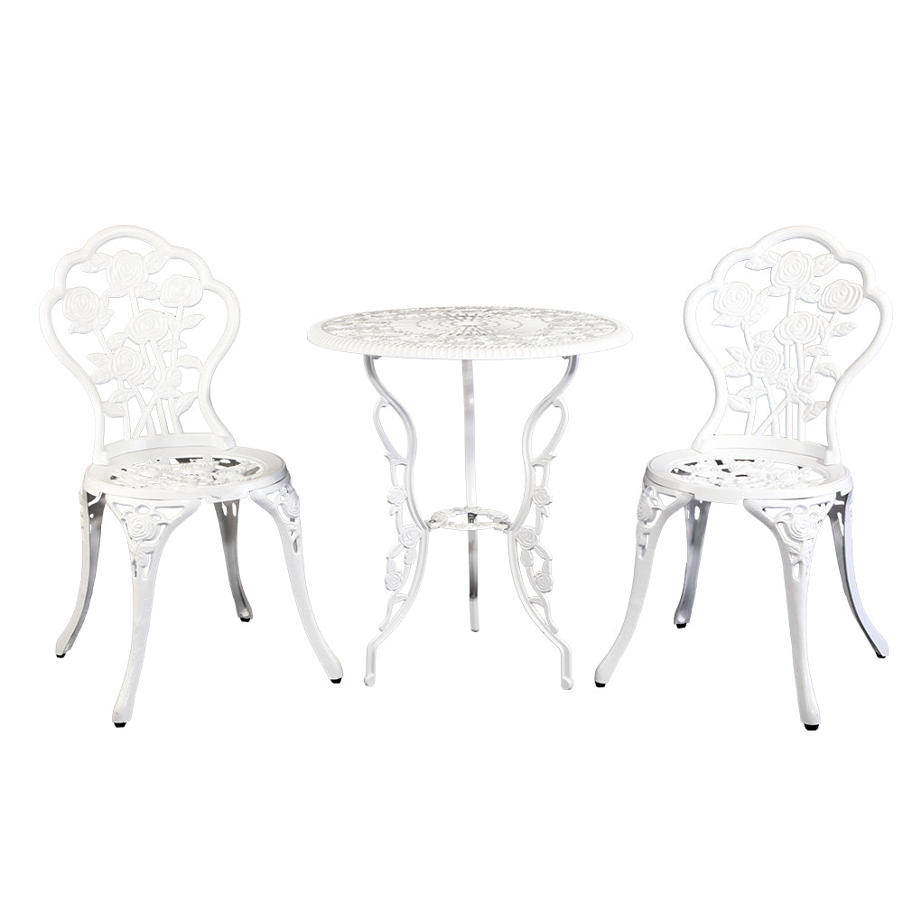 3PC Outdoor Bistro Set with Table & Chairs Cast Aluminum Patio Furniture - White Rose