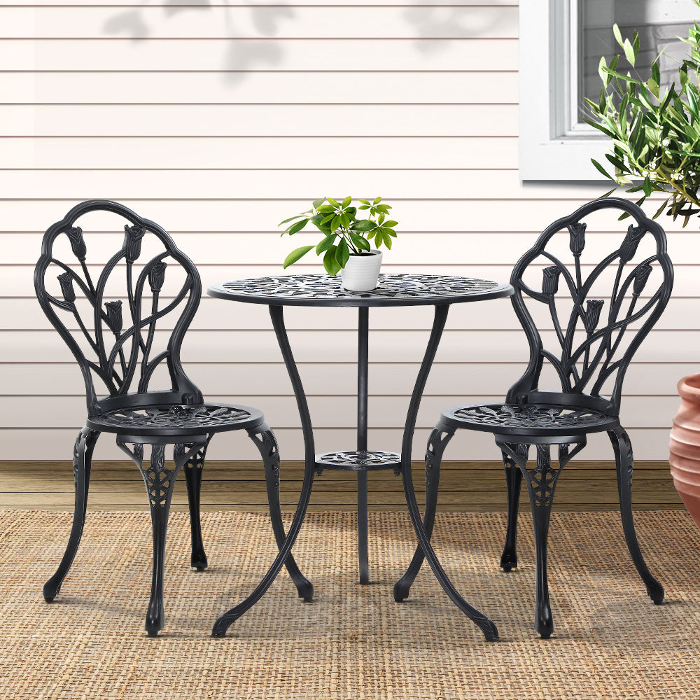 3PC Outdoor Bistro Set with Table & Chairs Cast Aluminum Patio Furniture - Black