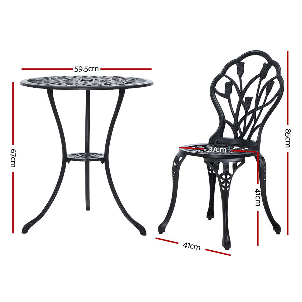 3PC Outdoor Bistro Set with Table & Chairs Cast Aluminum Patio Furniture - Black