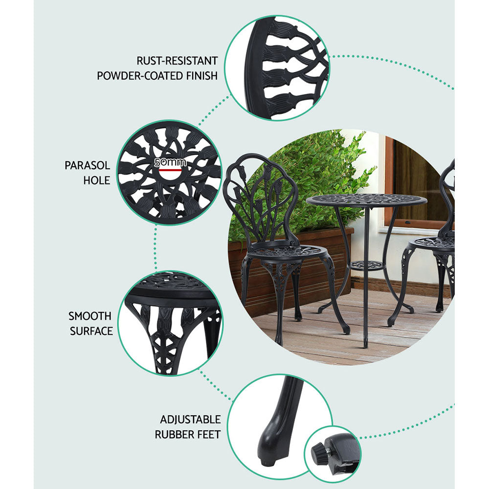 3PC Outdoor Bistro Set with Table & Chairs Cast Aluminum Patio Furniture - Black