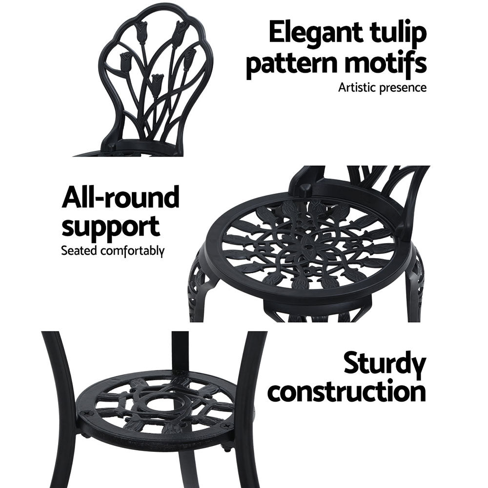 3PC Outdoor Bistro Set with Table & Chairs Cast Aluminum Patio Furniture - Black