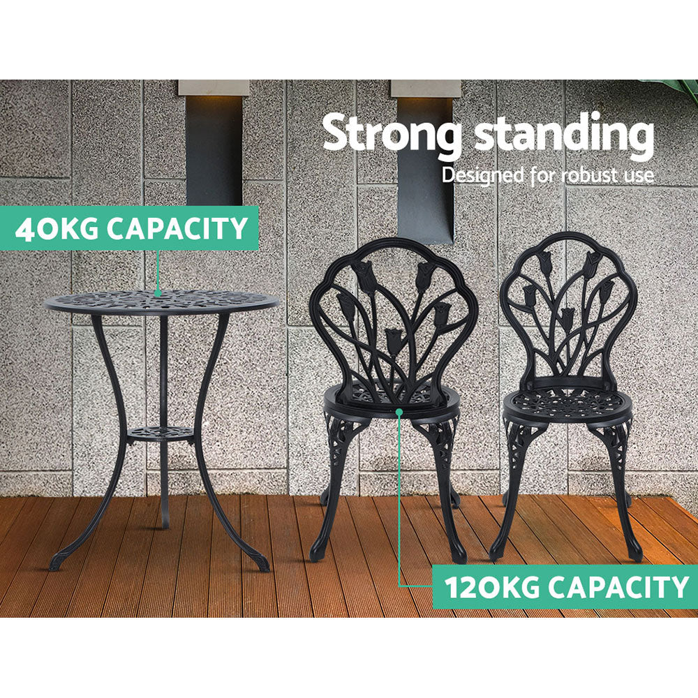 3PC Outdoor Bistro Set with Table & Chairs Cast Aluminum Patio Furniture - Black