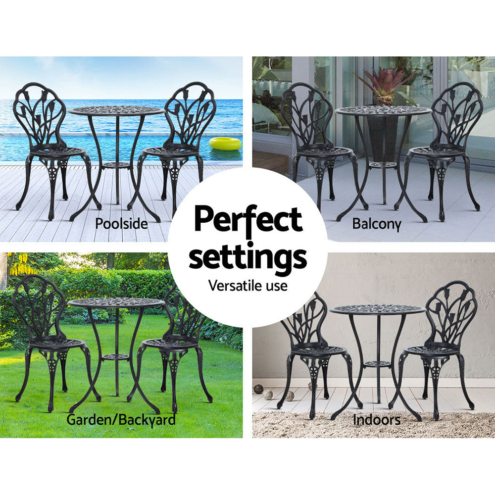 3PC Outdoor Bistro Set with Table & Chairs Cast Aluminum Patio Furniture - Black