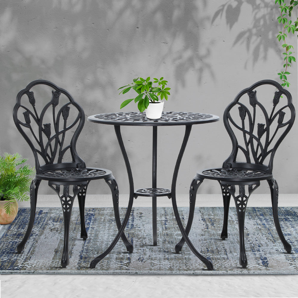 3PC Outdoor Bistro Set with Table & Chairs Cast Aluminum Patio Furniture - Black