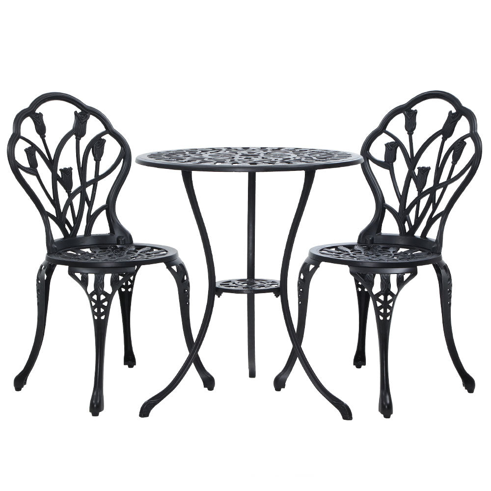 3PC Outdoor Bistro Set with Table & Chairs Cast Aluminum Patio Furniture - Black