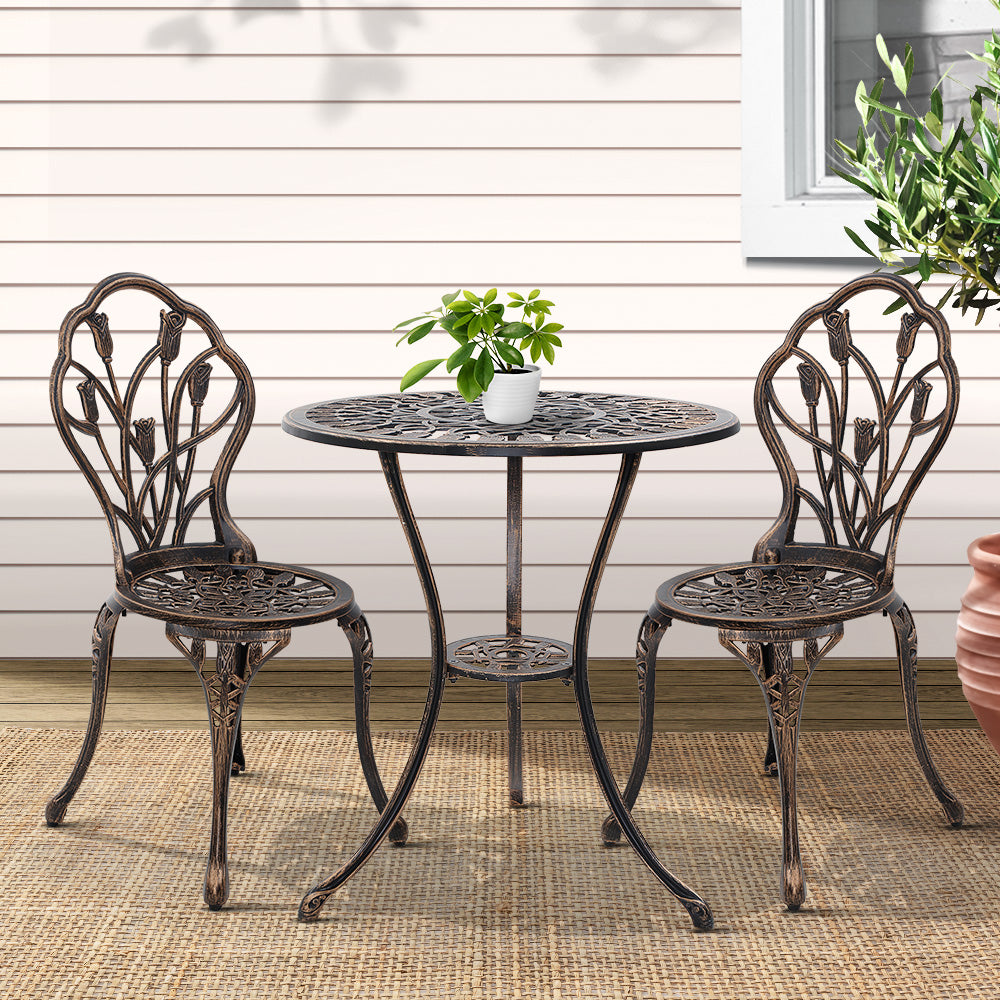 3PC Outdoor Bistro Set with Table & Chairs Cast Aluminum Patio Furniture - Tulip Bronze