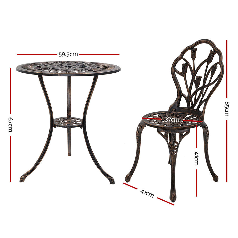 3PC Outdoor Bistro Set with Table & Chairs Cast Aluminum Patio Furniture - Tulip Bronze