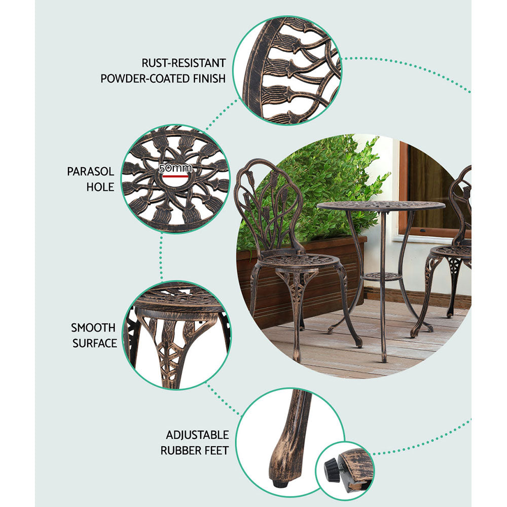 3PC Outdoor Bistro Set with Table & Chairs Cast Aluminum Patio Furniture - Tulip Bronze