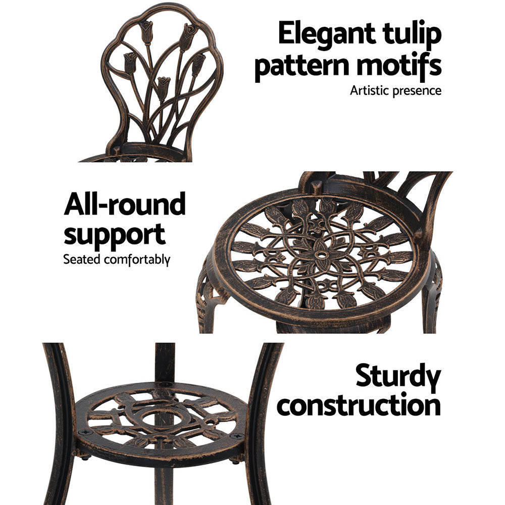 3PC Outdoor Bistro Set with Table & Chairs Cast Aluminum Patio Furniture - Tulip Bronze