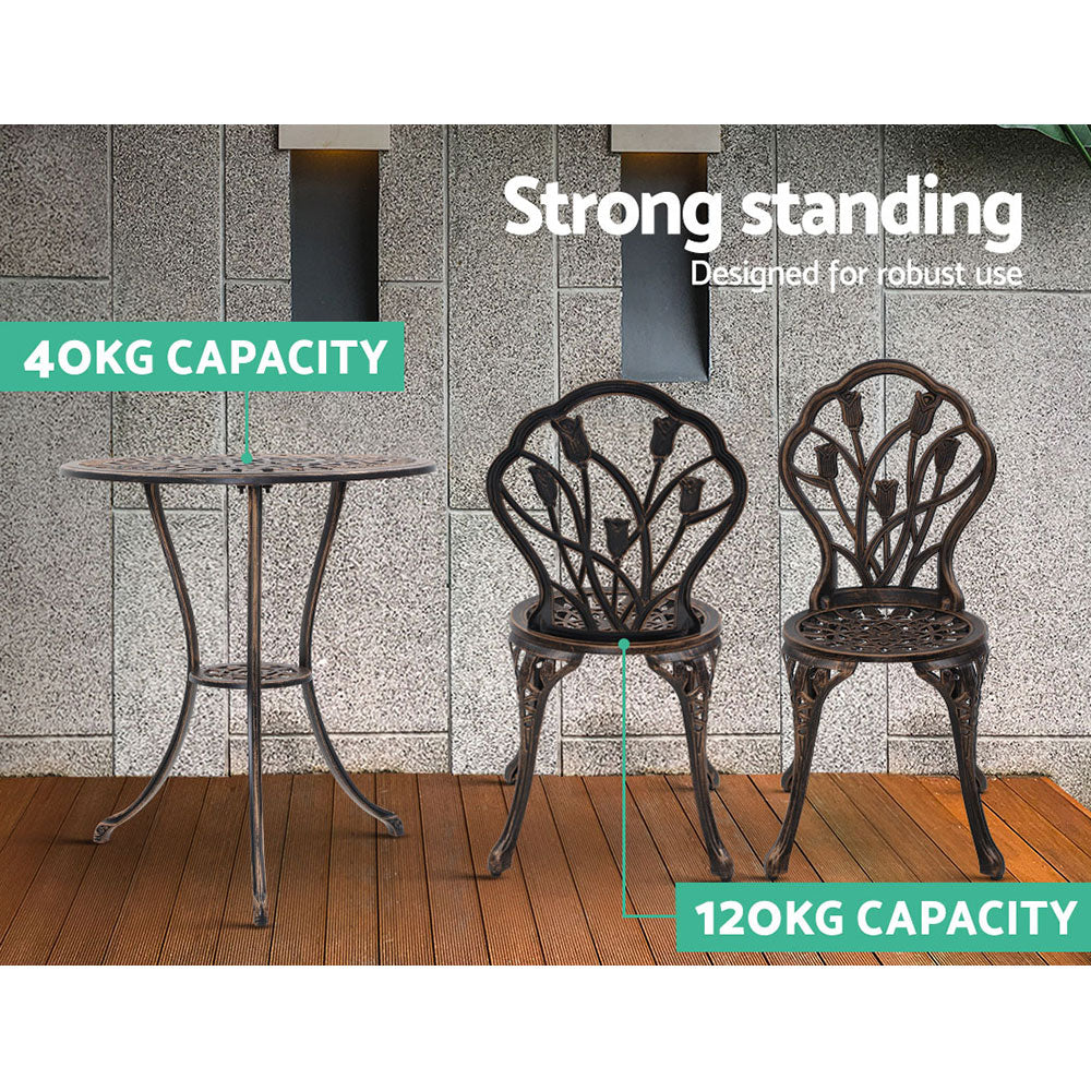3PC Outdoor Bistro Set with Table & Chairs Cast Aluminum Patio Furniture - Tulip Bronze