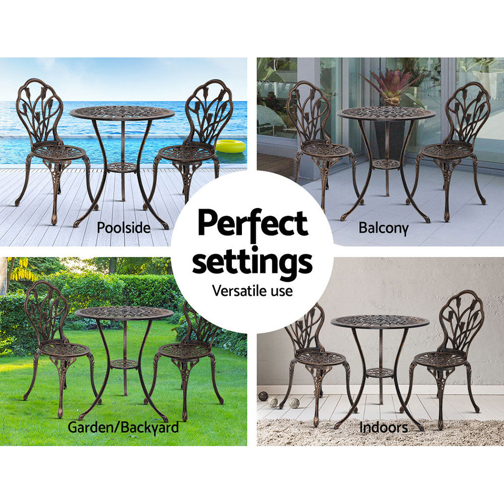 3PC Outdoor Bistro Set with Table & Chairs Cast Aluminum Patio Furniture - Tulip Bronze