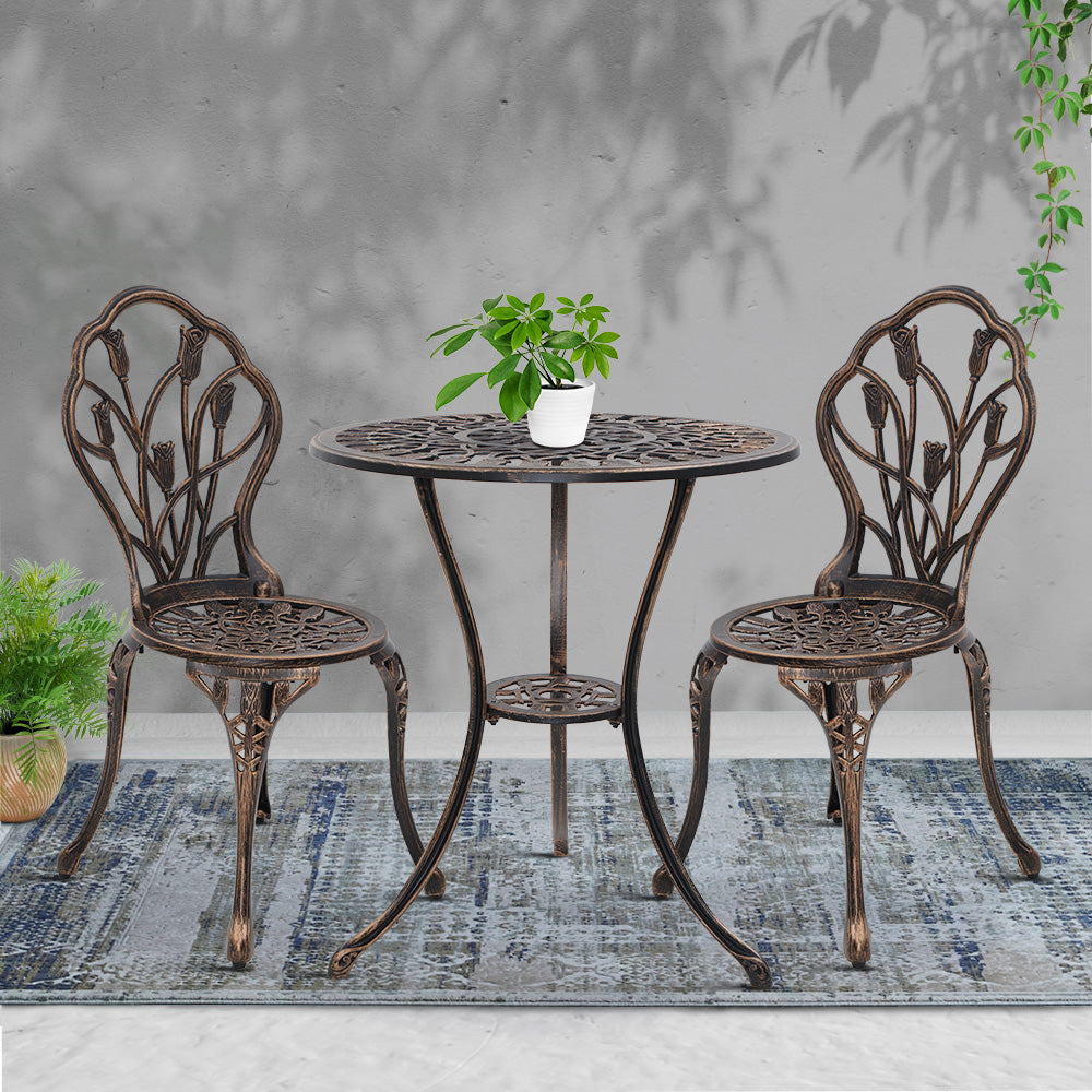3PC Outdoor Bistro Set with Table & Chairs Cast Aluminum Patio Furniture - Tulip Bronze