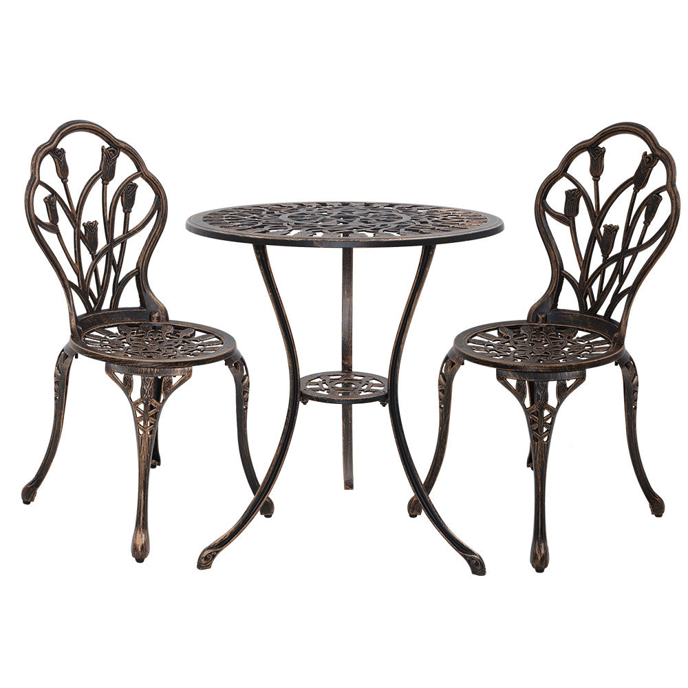 3PC Outdoor Bistro Set with Table & Chairs Cast Aluminum Patio Furniture - Tulip Bronze