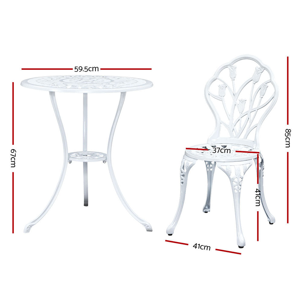 3PC Outdoor Bistro Set with Table & Chairs Cast Aluminum Patio Furniture - White