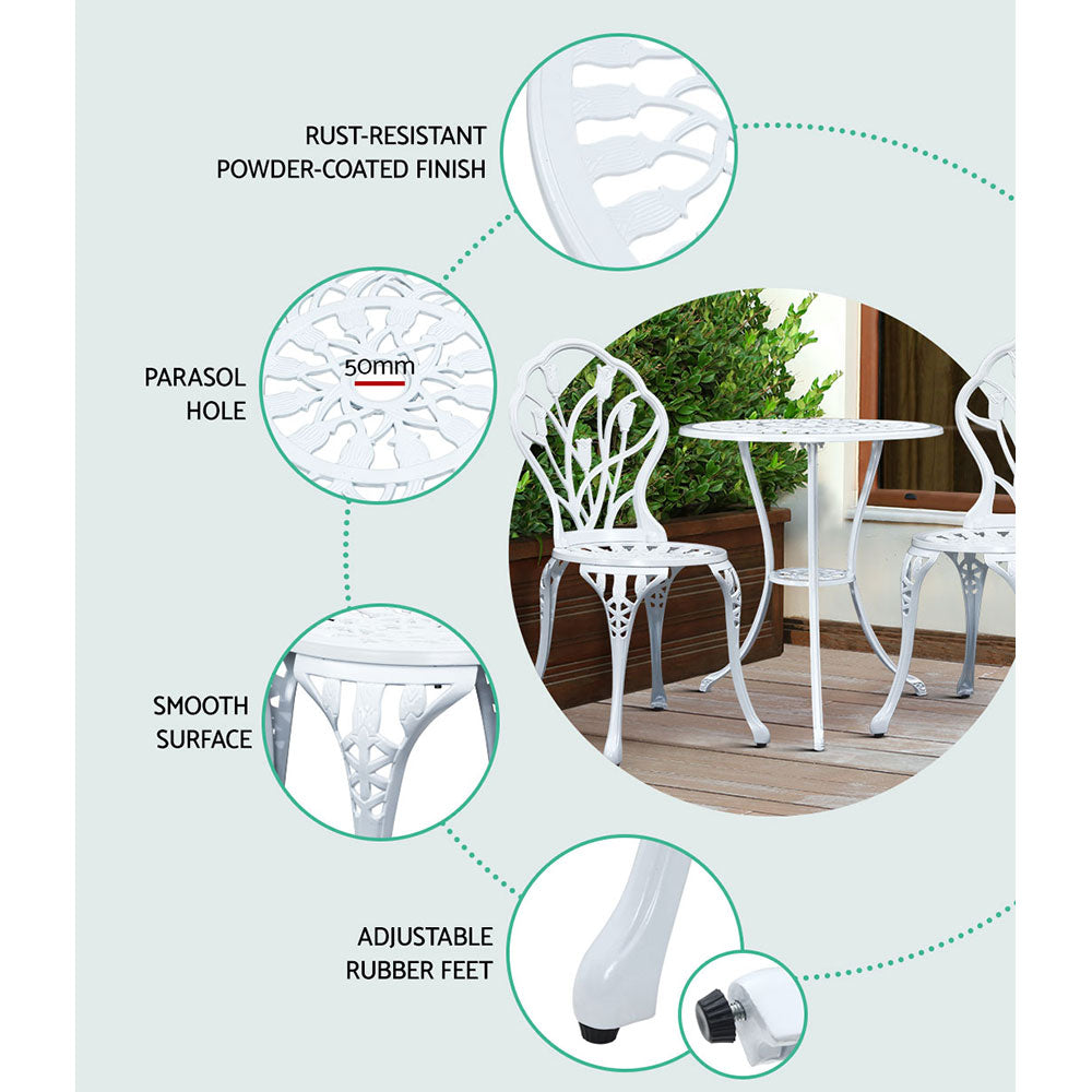 3PC Outdoor Bistro Set with Table & Chairs Cast Aluminum Patio Furniture - White