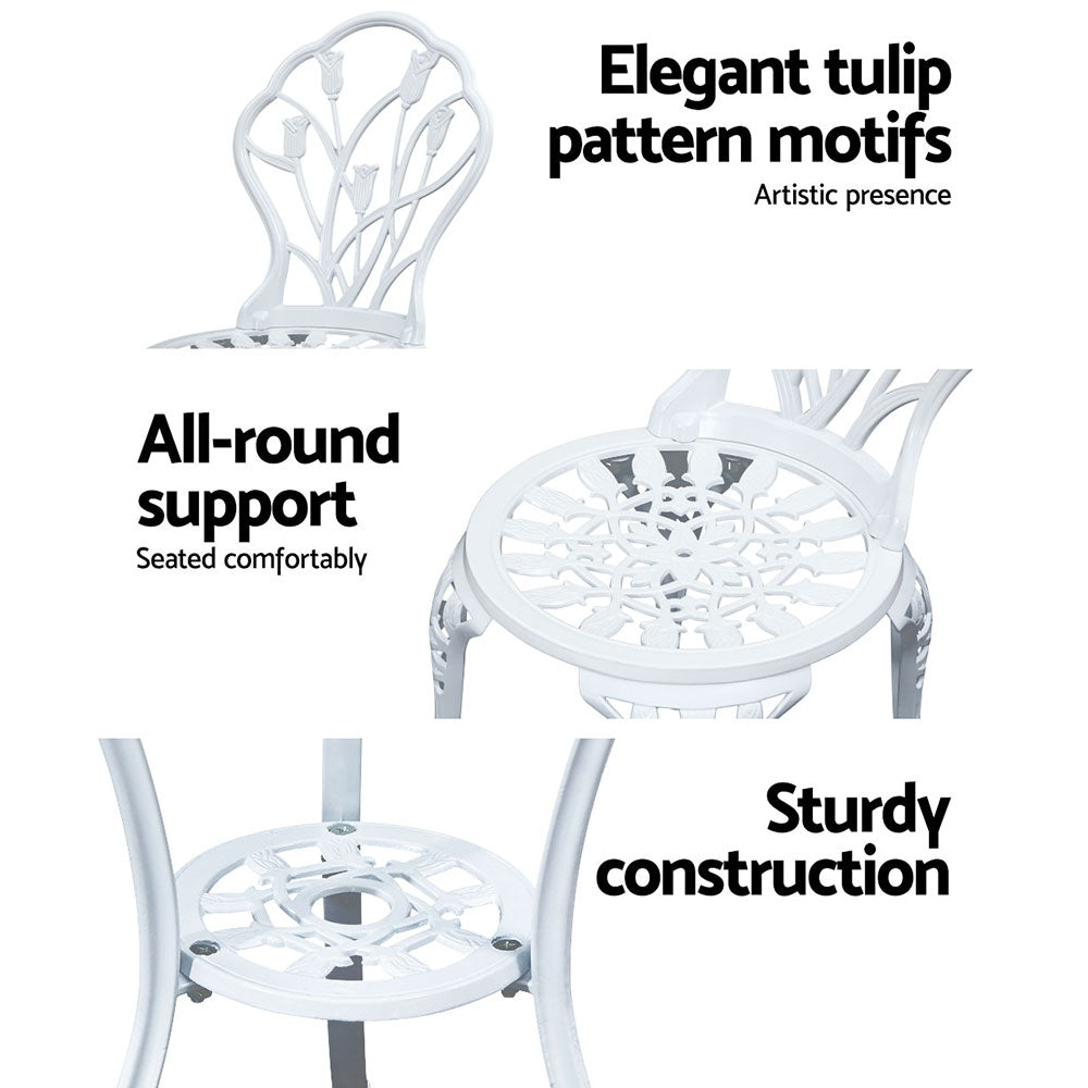 3PC Outdoor Bistro Set with Table & Chairs Cast Aluminum Patio Furniture - White