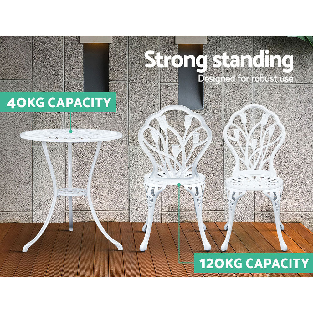 3PC Outdoor Bistro Set with Table & Chairs Cast Aluminum Patio Furniture - White